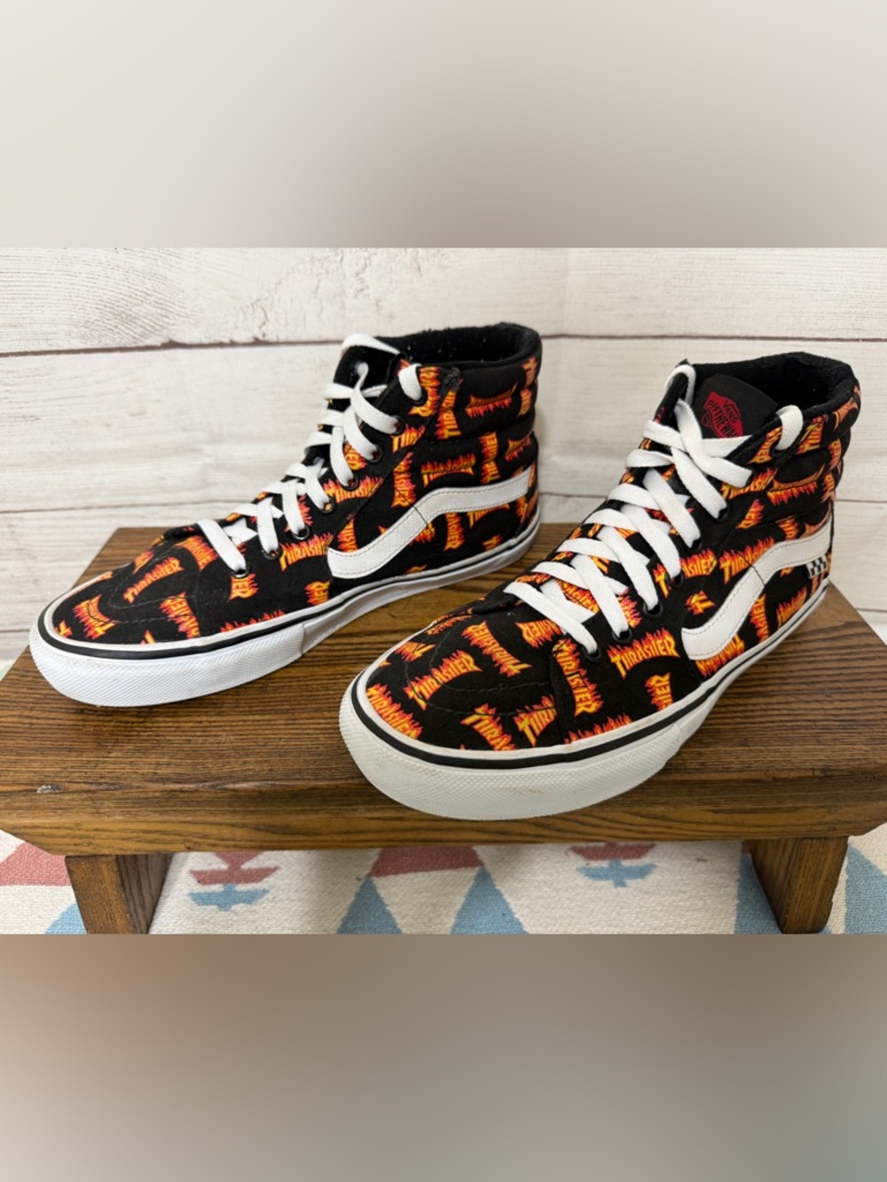 Men’s Size 9.5 Thrasher x Vans Skate Sk8-Hi All Over Thrasher Logo